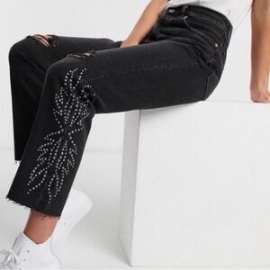 Levi's Premium Black Denim 501 Jeans Ripped Knees Silver Embellishments Trendy